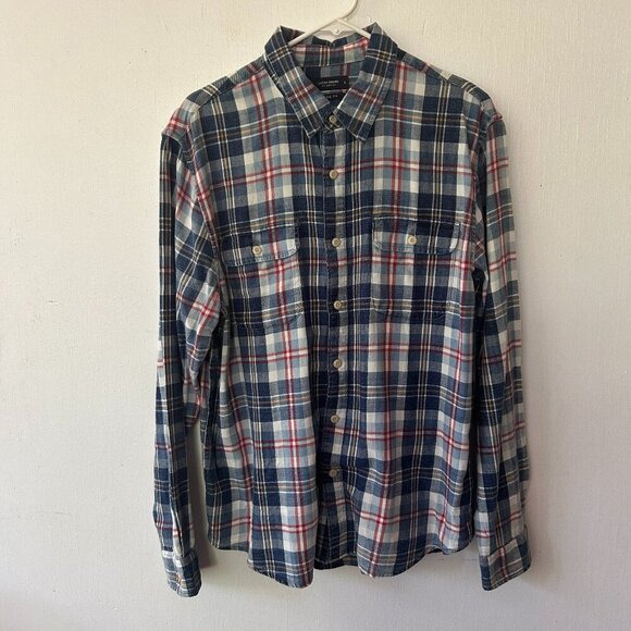 Lucky Brand Flannel Shirt Mens Large Blue Plaid Classic Fit Button Front Shirt - Picture 1 of 6
